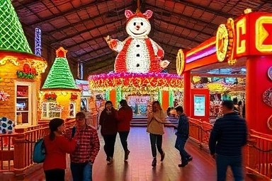 Exciting indoor theme park with families enjoying rides.