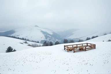 Snowy Pyeongchang sheep ranch, winter wonderland landscape