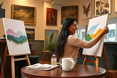 Couple painting together in a cozy Seoul drawing cafe.
