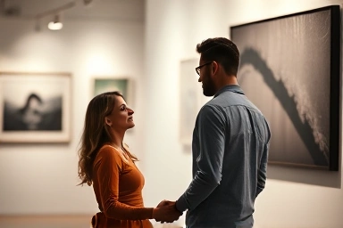 Couple experiencing art together in a modern Seoul gallery.