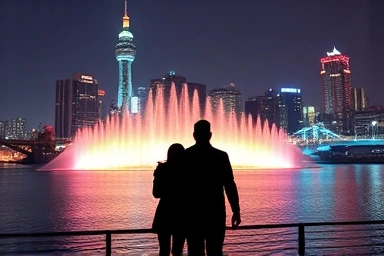 Couple enjoying Han River night view and fountain show
