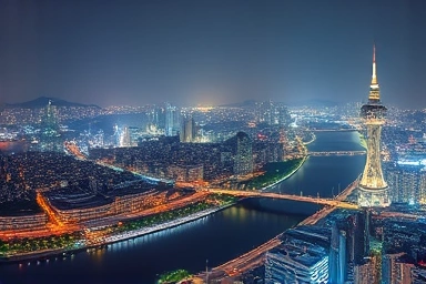 Spectacular Seoul skyline night panorama with Han River