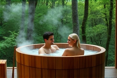 Couple relaxing in an outdoor hinoki bath amidst nature's tranquility.