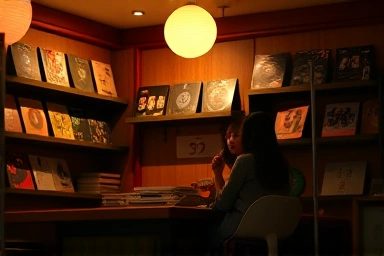 Cozy Seoul LP bar interior with vinyl records and ambient lighting.