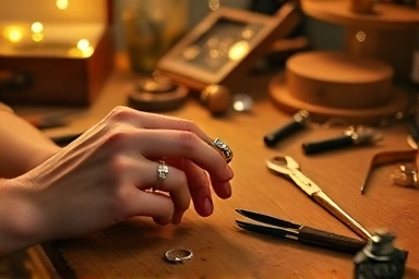 Couple making a custom silver ring together in a cozy workshop.