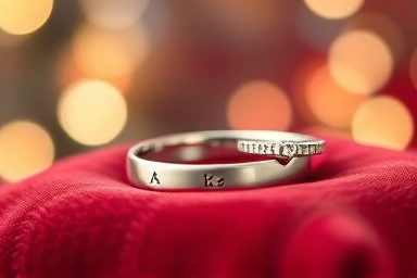 Close-up of a unique, custom-engraved silver couple ring.