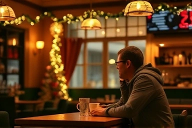 Cozy cafe interior with a couple, romantic year-end atmosphere.