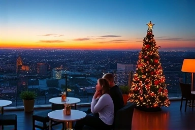Cafe rooftop view, city lights, romantic Christmas ambiance.
