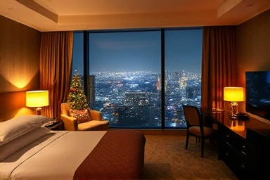 Luxurious Seoul hotel room with city skyline view at night.