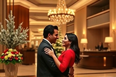 Romantic couple in a beautifully decorated hotel lobby for the holidays.