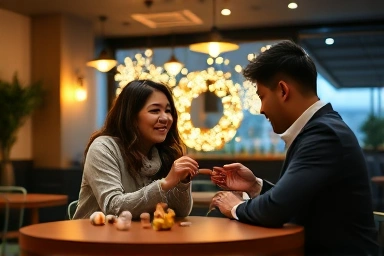 Couple playing board games in a cozy Songdo cafe.
