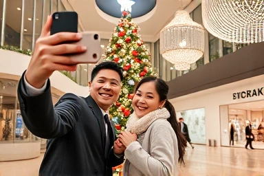 Couple taking a selfie with holiday decorations.
