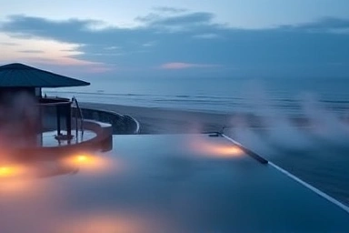 Luxurious winter hot spring overlooking Haeundae beach at dusk.