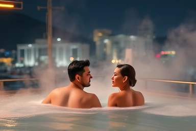 Romantic night view of Busan hot spring with city lights.