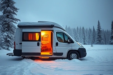 Cozy winter campervan in snowy landscape
