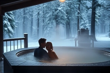 Romantic winter couple hot spring in snowy forest.