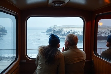 Couple enjoying winter train journey