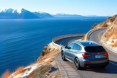 Winter East Sea coastal drive with a car at an overlook.