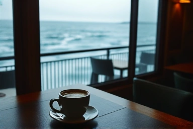 Cozy cafe interior with ocean view of winter East Sea.