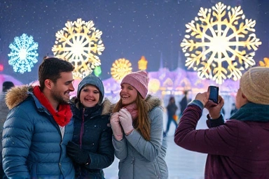 Joyful winter festival with families, ice fishing, and light displays.