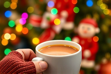 Warm hot chocolate at a festive winter festival, cozy holiday spirit.