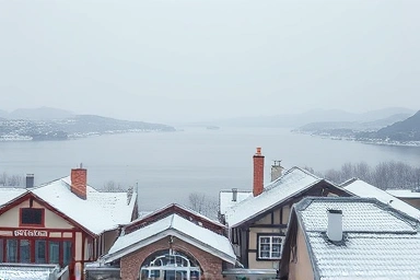 Winter German Village Namhae, peaceful European-style houses, calm winter sea.