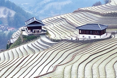 Winter Darangyi Village Namhae, terraced rice paddies, stone walls, traditional houses.