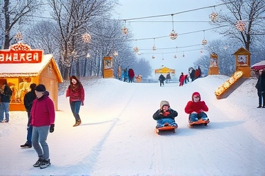 Joyful winter festival with families sledding in the snow