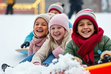 Excited children and adults sledding down a snowy hill
