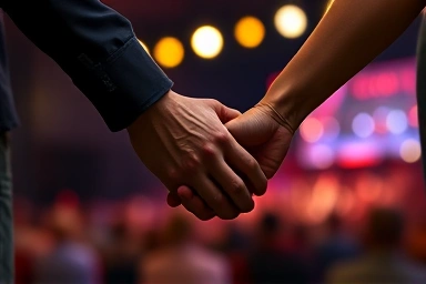 Couple holding hands at a concert, symbolizing shared romantic experience.