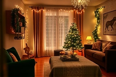 Cozy Airbnb interior with festive decorations for year-end.