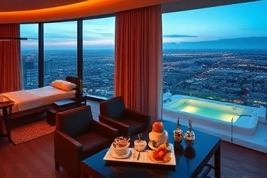 Luxurious hotel suite with breakfast and spa amenities for year-end relaxation.