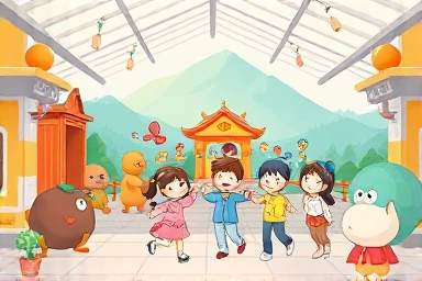 Whimsical illustration of animated characters in a museum.