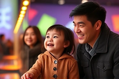 Family enjoying interactive exhibit at Chuncheon Animation Museum.