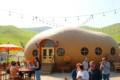 Whimsical potato-shaped cafe with happy visitors and photo spots.