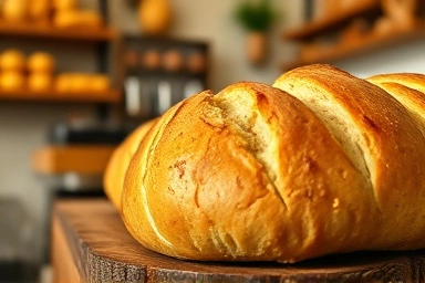 Golden-brown, artisanal potato bread on a cafe counter.