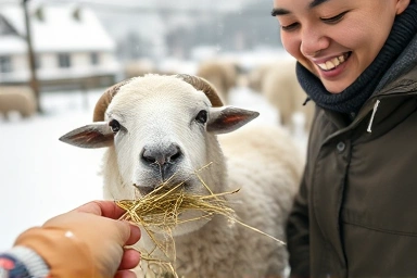 Feeding sheep at Daegwallyeong Sheep Ranch in winter