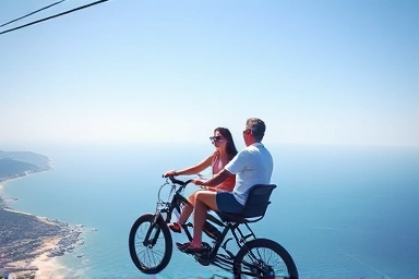 Couple enjoying a thrilling sky cycle ride above the East Sea.