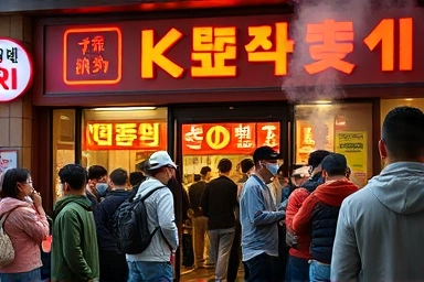 Korean restaurant exterior with a queue