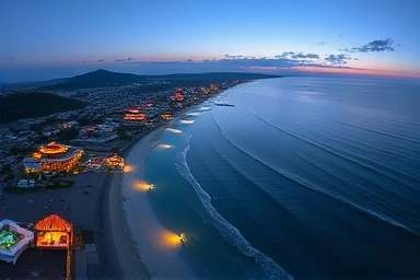 Gangneung Anmok Beach cafes and ocean view at sunrise.