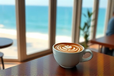 Artistic coffee with ocean view inside Anmok Beach cafe.