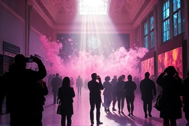 Immersive digital art museum experience with visitors.