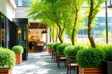 Peaceful outdoor coffee shop seating area with greenery.