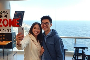 Couple taking photos at Ayajin cafe with ocean backdrop