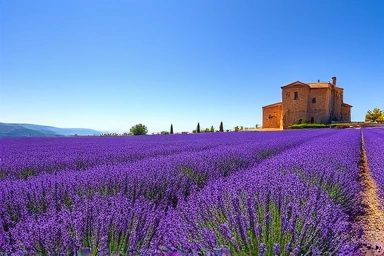 Vast lavender field in full bloom with European-style building
