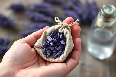 Hands holding lavender sachet with essential oil and dried flowers