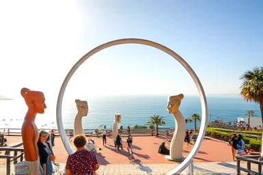 Modern art park with circular photo frame overlooking the sea