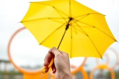 Hand holding yellow umbrella at Haslla Art World's circular photo zone