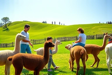 Happy family interacting with alpacas at Hongcheon Alpaca World.