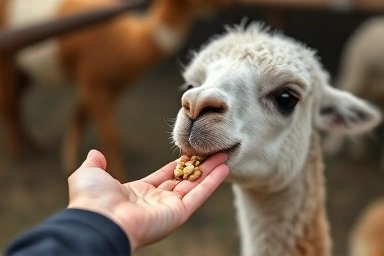 Hand feeding a curious alpaca at Hongcheon Alpaca World.